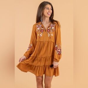 Andree by Unit Medium Mustard Embroidered Gathered Tunic Dress Floral Long Sleev